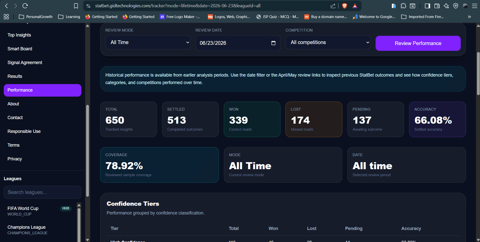 StatBet Performance Tracker screenshot